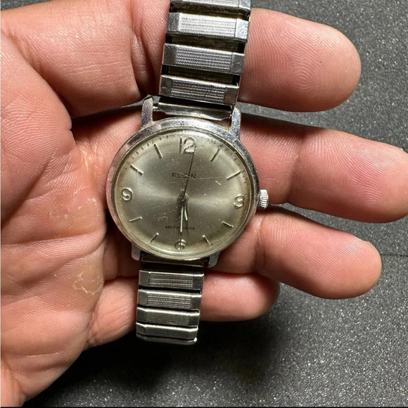 Vintage Elgin Self Winding Mens Wrist Watch Silver Tone Stretch Band Working - Picture 6 of 9